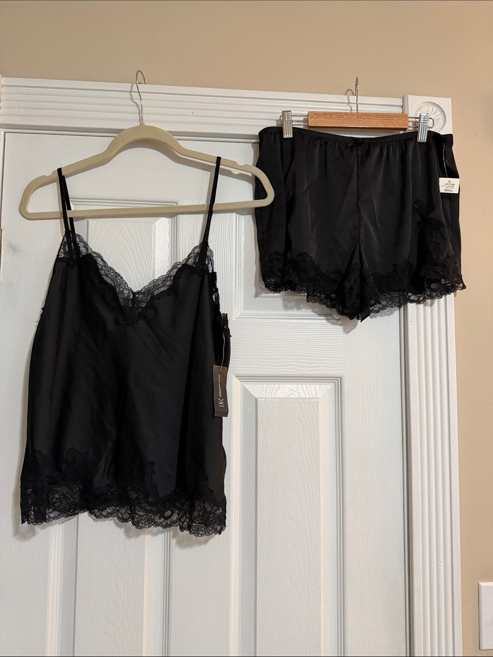 INC International Concepts Black Satin Lace-Trim Cami & Shorts Set